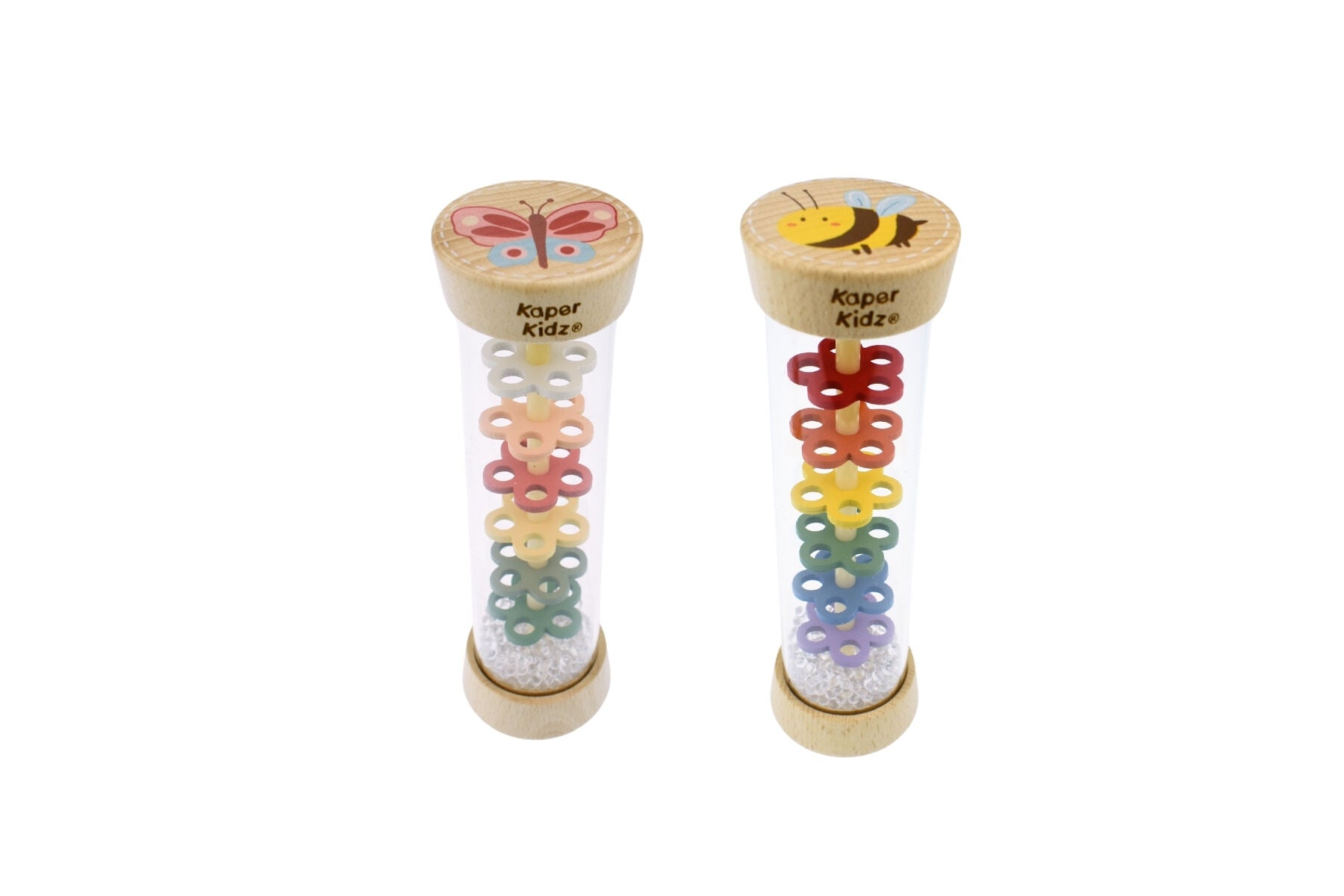 WOODEN SPRING INSECT RAINMAKER RATTLE BUTTERFLY AND BEE PACK OF 2